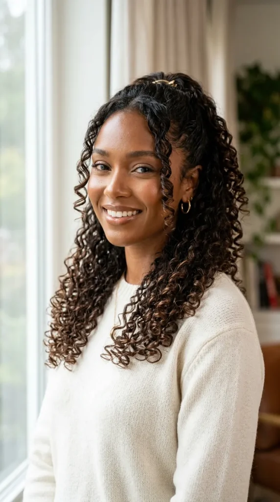 Half Up on Curly Hair Enhancing Texture