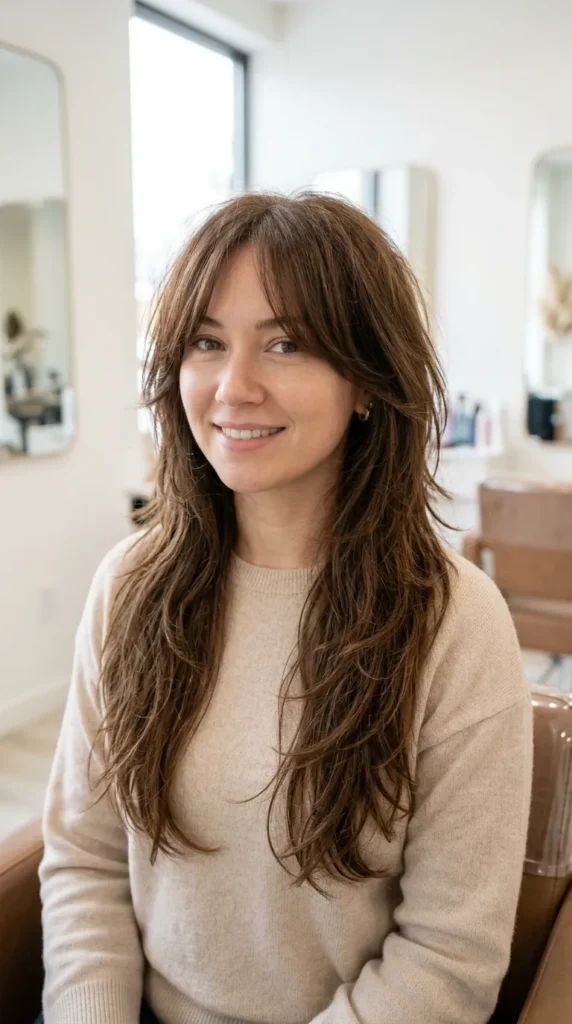 Wolf Cut with Curtain Bangs for Round Faces