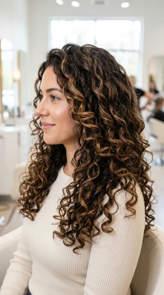 Balayage on Thick Curly Brunette Hair