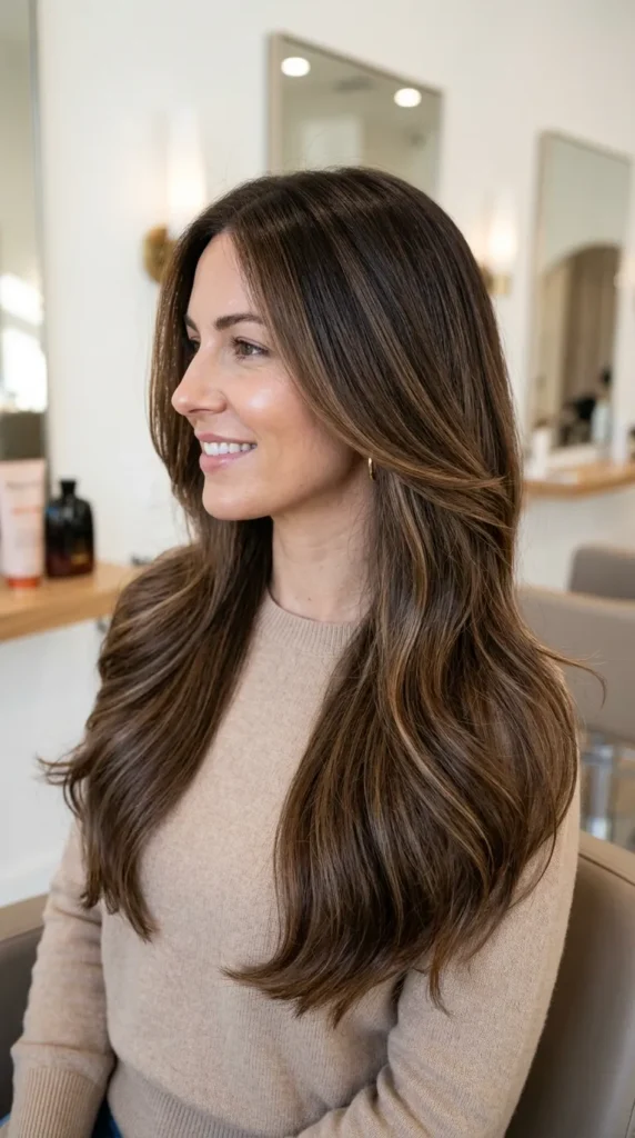 Ultra-realistic professional salon portfolio photograph of a real 30-year-old woman with rich brunette balayage featuring hand-painted caramel and mocha ribbons blended seamlessly through long U-cut layers. Smooth salon blowout with soft flowing movement, silky healthy strands and luminous shine. Hair occupies almost the entire frame. Model wears a simple beige crew-neck knit sweater. Fresh natural makeup and relaxed smile. Modern luxury salon with clean white walls, blurred mirrors and diffused daylight. Side-profile portrait emphasizing the balayage blend. Canon EOS R5, RF 85mm f/1.2 portrait lens, authentic hairstylist portfolio photography, ultra photorealistic. Negative prompt: harsh balayage lines, patchy color, messy styling, frizz, fashion editorial.