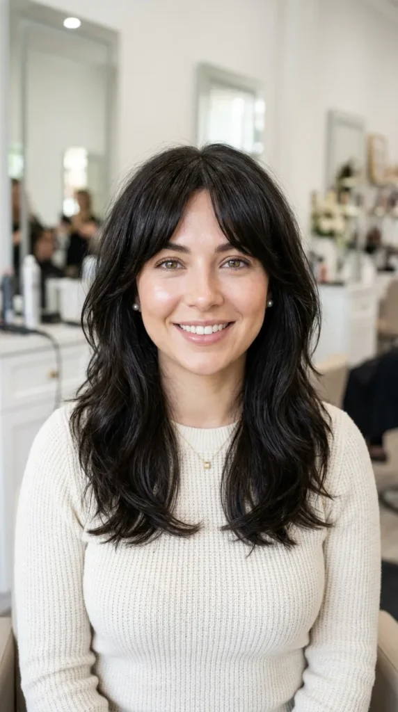  Wolf Cut with Curtain Bangs for Round Faces