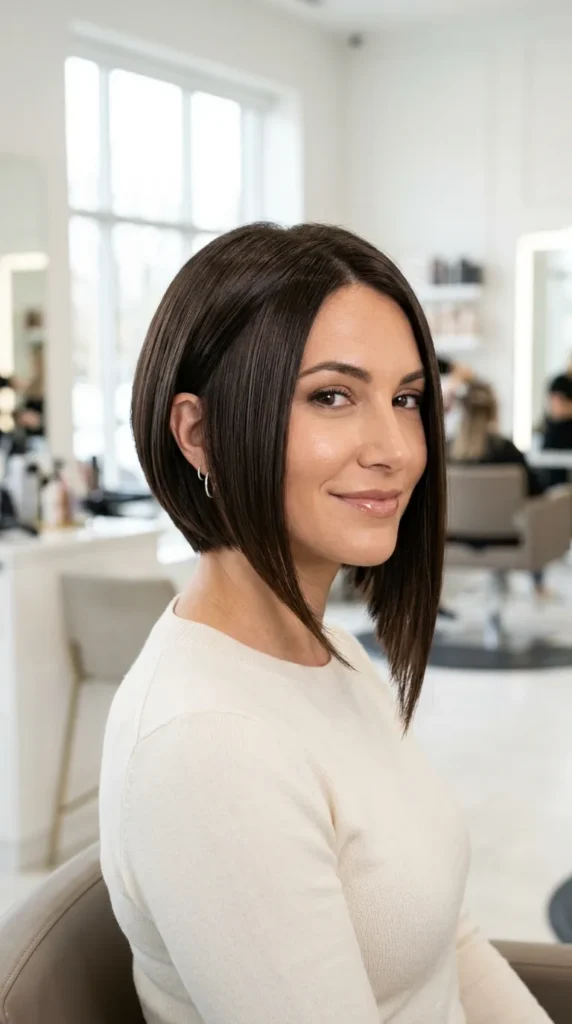 Angled Asymmetrical Bob with a Sharp Diagonal Line